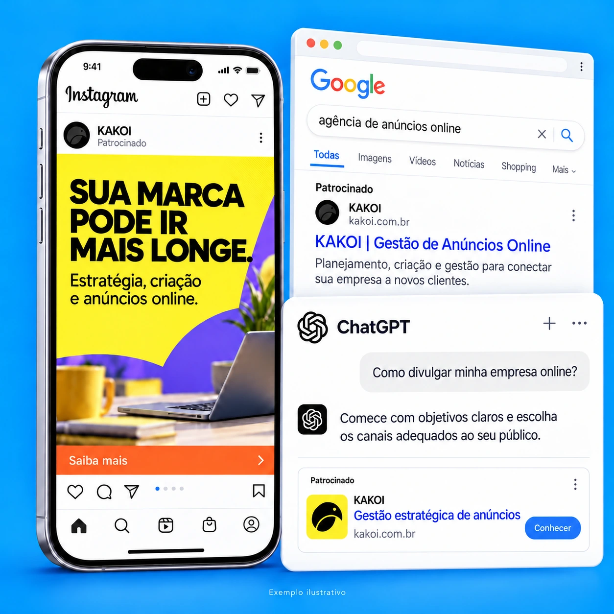 Montagem ilustrativa de anúncios no feed do celular, na busca do Google e em um card patrocinado separado da conversa no ChatGPT